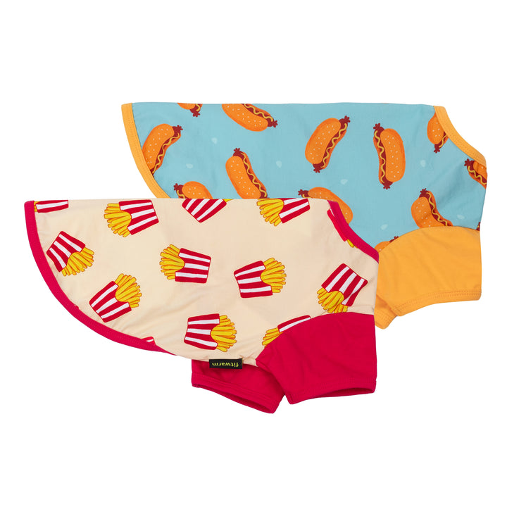 2 pack dog tshirts with hot dog and french fry patterns on a white background