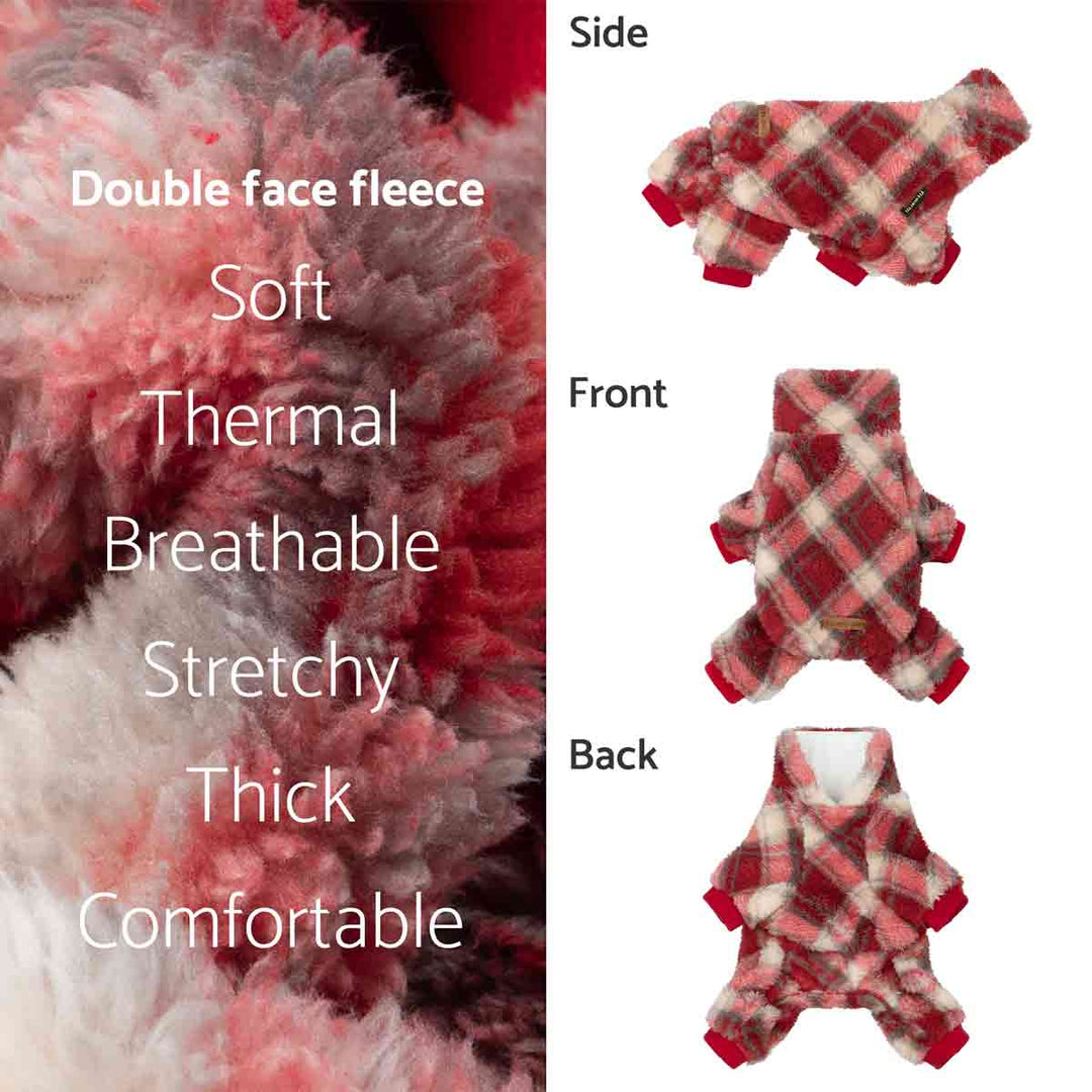 Red and white plaid pet pajamas with text describing features.