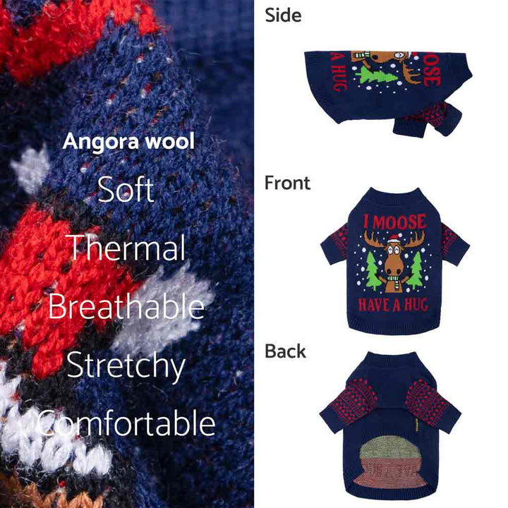 Navy dog sweater with 'I Moose Have A Hug' text, moose and Christmas tree graphic, showing knit details for material quality.