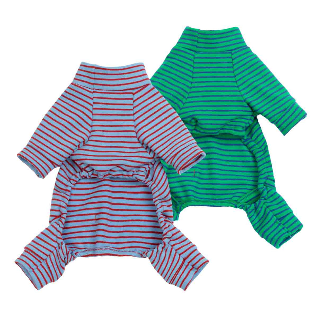 Back view of striped dog pajamas with four leg cuffs and stretchy belly band, two colors.