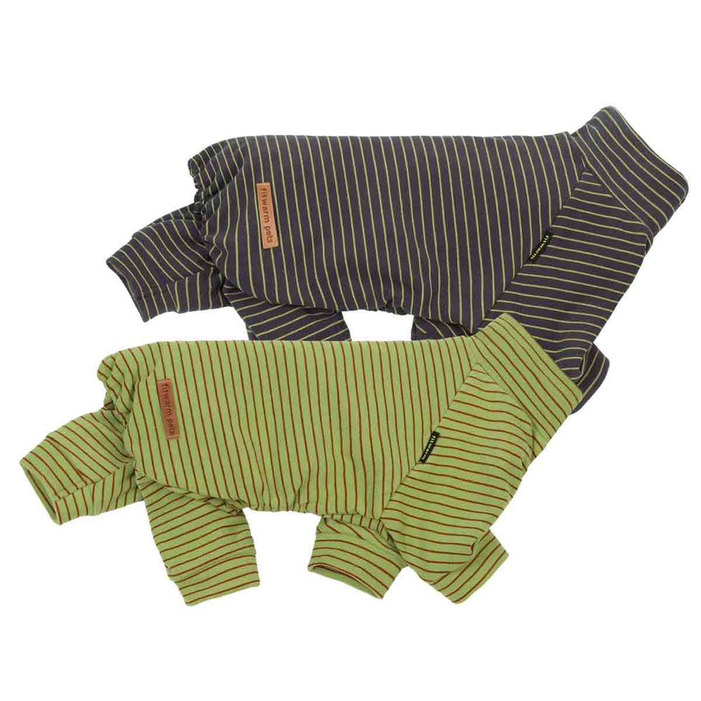 Two striped pajamas for dogs, one in dark gray with thin yellow stripes and one in olive green with thin red stripes