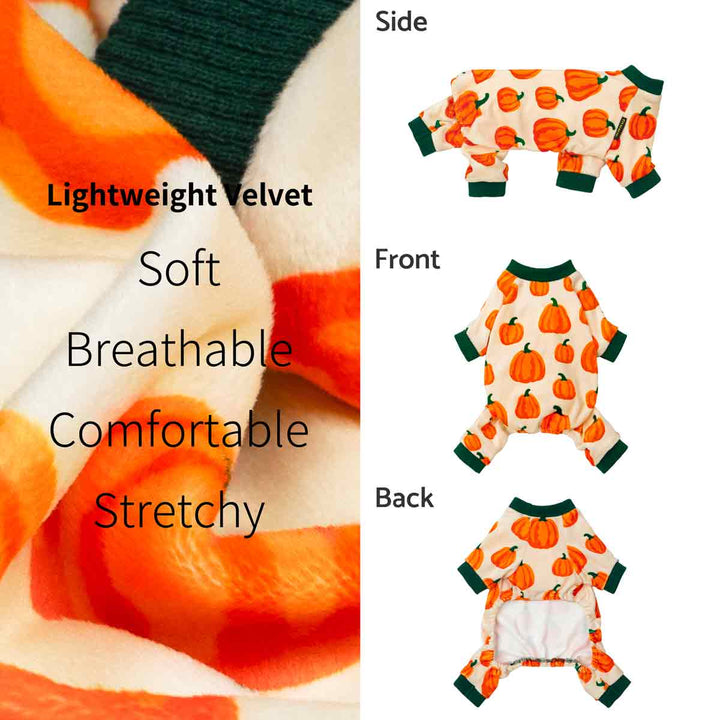 Pumpkin print dog pajamas in lightweight velvet fabric shown in side, front, and back views