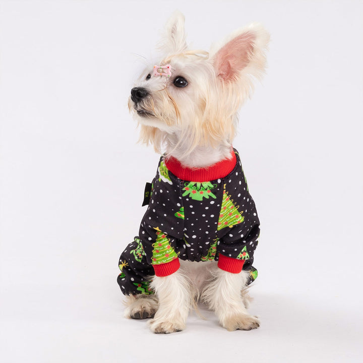 White dog dressed in festive Christmas dog onesie featuring green trees and snow dot prints