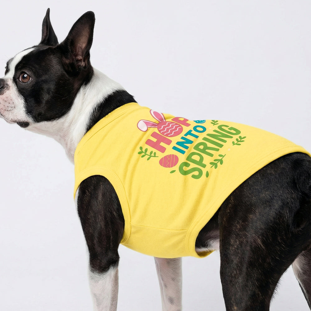 Back view of dog shirt featuring Easter themed 'Hop into Spring' lettering