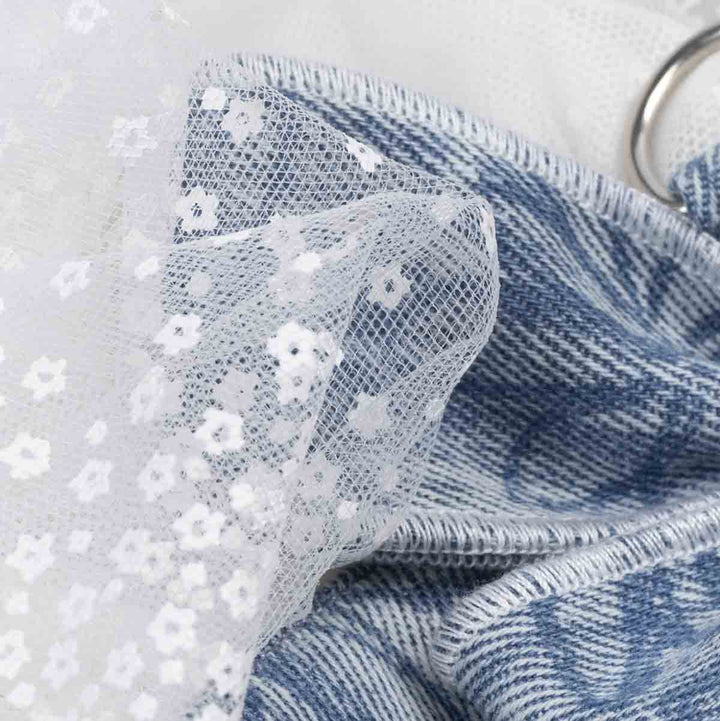 Close-up of blue denim fabric with white floral lace overlay on a light background