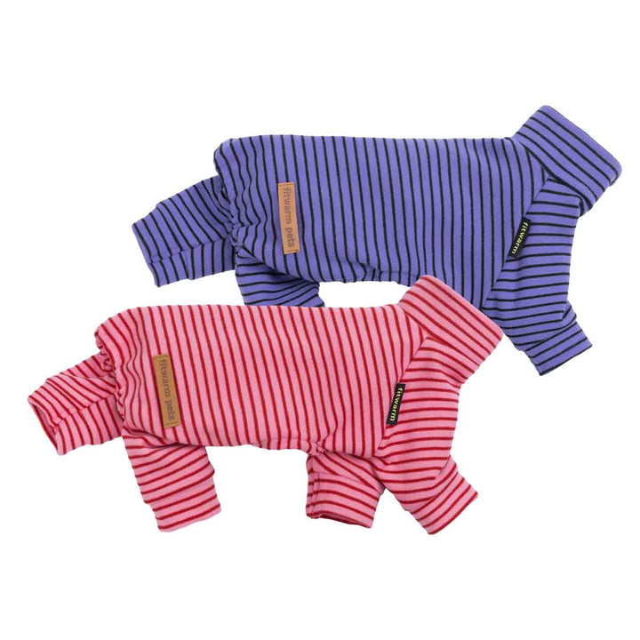 Side view striped dog pajamas in pink and purple, stretchy four-leg sleep suit