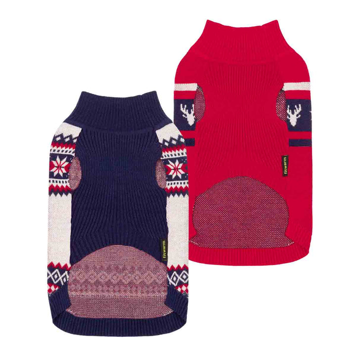 2 pack dog knitted sweaters shown on a white background, one front view and one back view. The sweaters are red with navy blue ribbed trim and cuffs, cream panels, and Nordic-style geometric and reindeer motifs