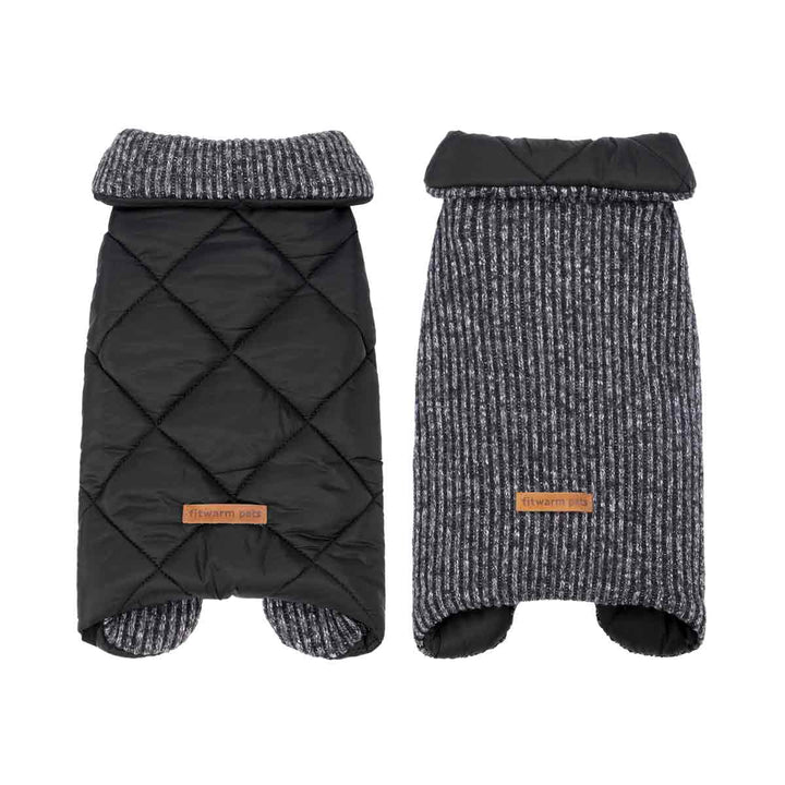 Black quilted & grey striped knit dog coat: reversible, diamond quilting, ribbed collar, leash opening.
