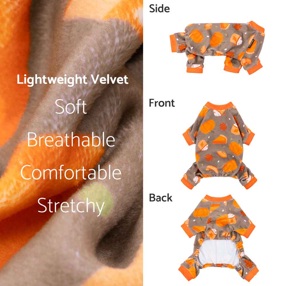 Gray-brown dog pajamas with autumn pumpkin print, orange trim. Shows side, front, and back views of the cozy onesie.