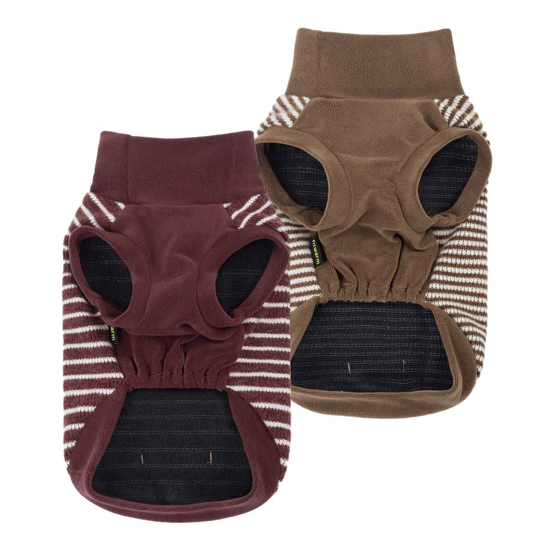 Two pack sweater for dogs shown on a white background, one in burgundy with cream stripes and one in taupe-brown with cream stripes