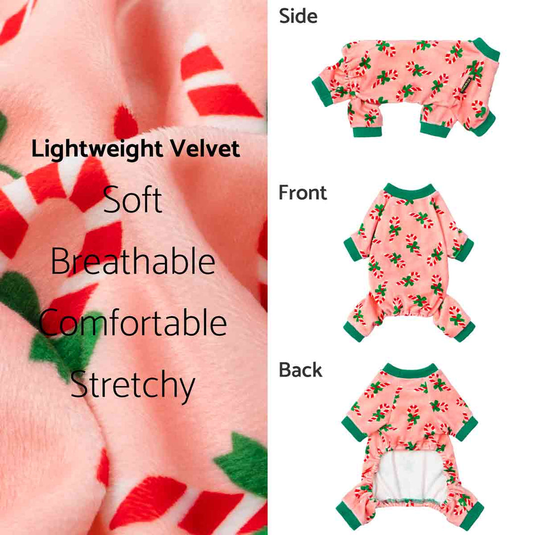 Christmas dog pajamas in lightweight velvet with candy cane print, shown in side, front, and back views.