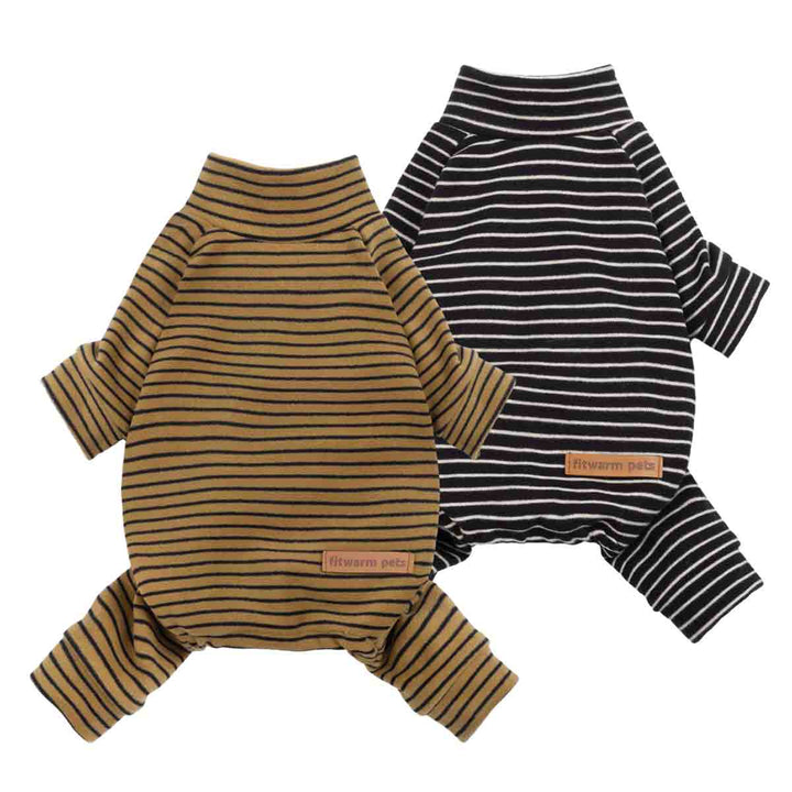 Front view striped dog pajamas with high neck and full coverage legs, black and tan.