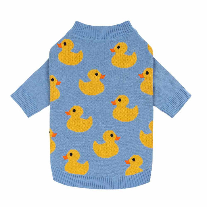 Light blue knit dog sweater with vibrant yellow duck patterns and ribbed neck, designed for small dogs.