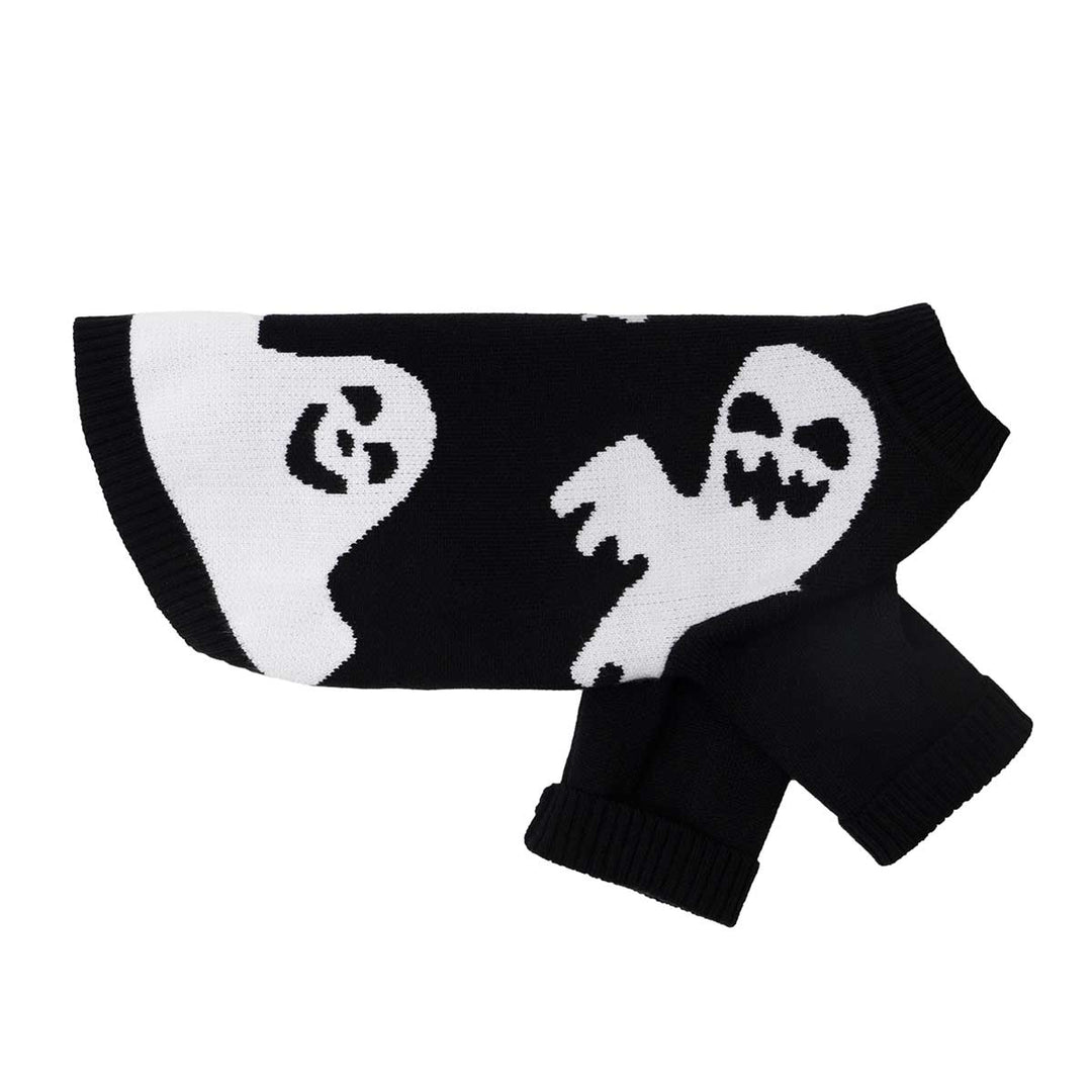 Soft black knit ghost dog sweater with white spooky designs. Stretchy pullover, perfect for comfortable Halloween wear.