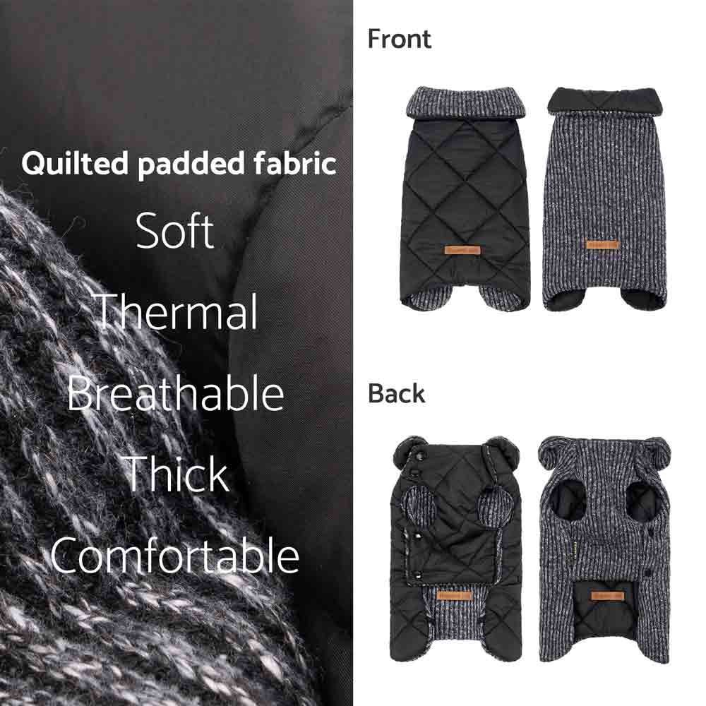 Reversible black and grey dog coat: quilted side with diamond stitching, knit textured side, button closure, leash hole.