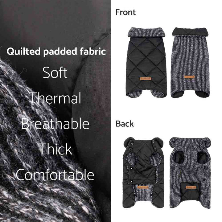 Reversible black and grey dog coat: quilted side with diamond stitching, knit textured side, button closure, leash hole.