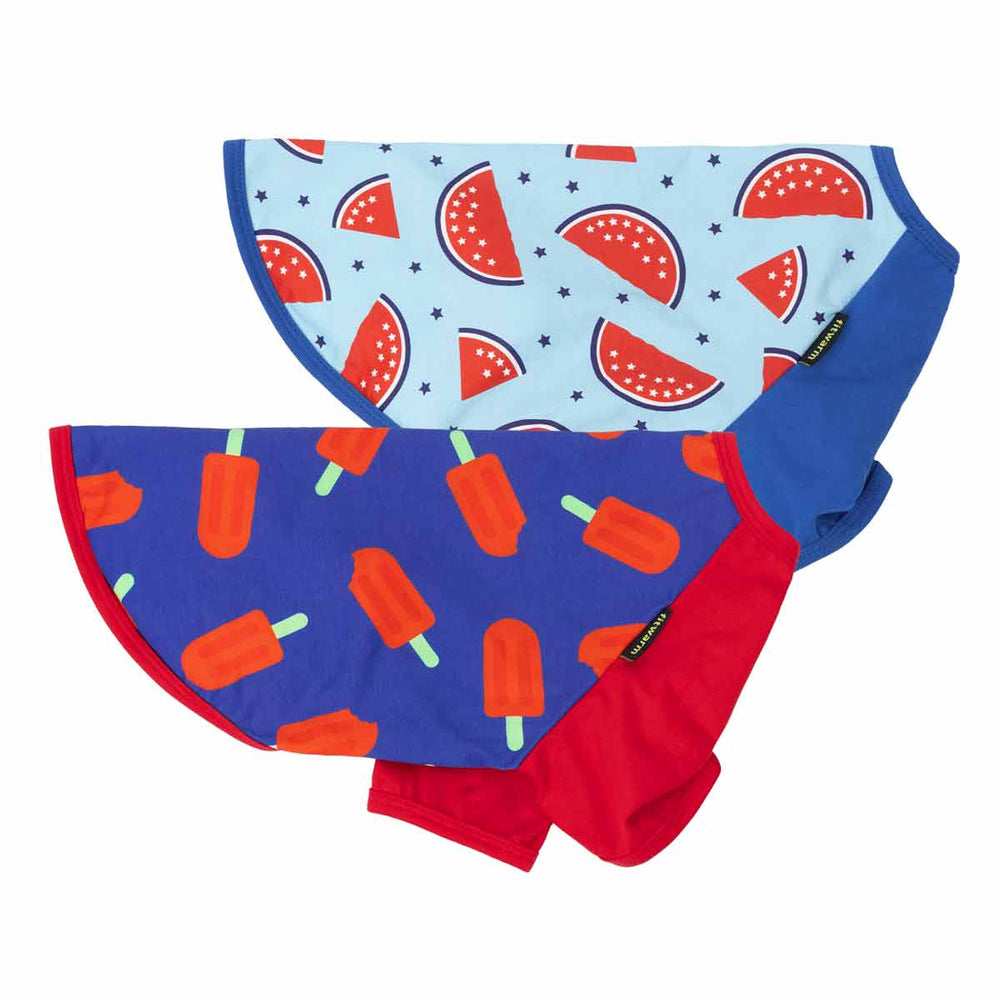 Patriotic shirt for dogs with watermelon and ice pop patterns on a white background
