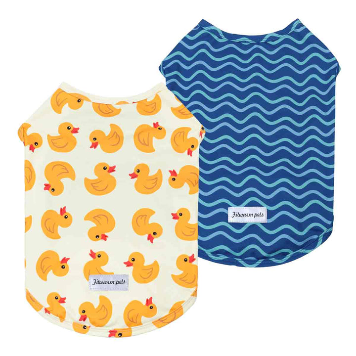 2 pack dog uv shirts, one with a duck pattern and the other with blue wavy lines, on a white background.