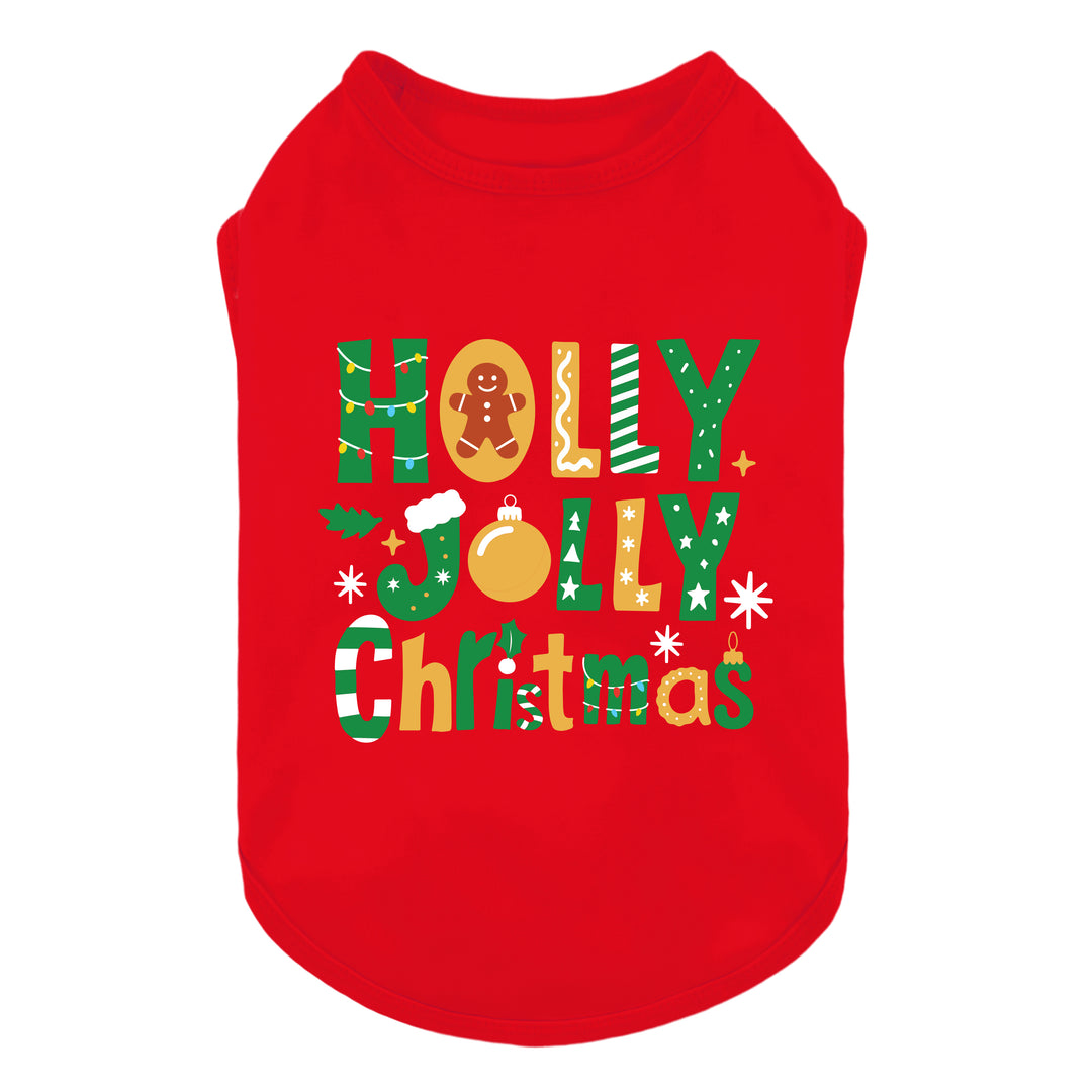 Christmas dog shirt in red with bold “Holly Jolly Christmas” lettering on the back.
