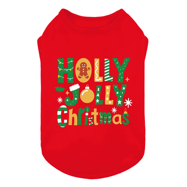 Christmas dog shirt in red with bold “Holly Jolly Christmas” lettering on the back.