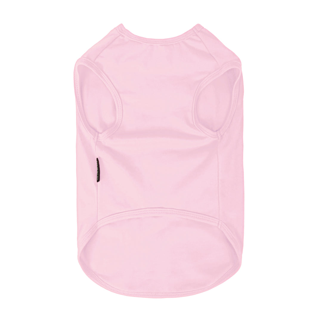 Back view of pink dog shirt showing sleeveless cut and clean solid design.