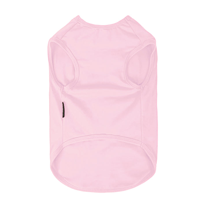 Back view of pink dog shirt showing sleeveless cut and clean solid design.