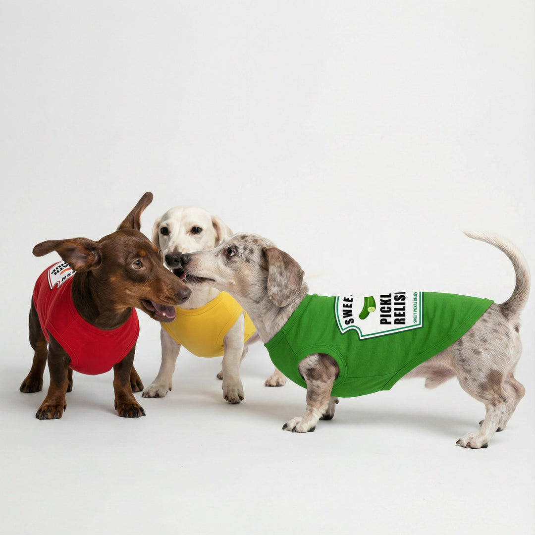 Three dogs wearing colorful dog shirts, standing together and interacting playfully, shown in red, yellow, and green shirt styles