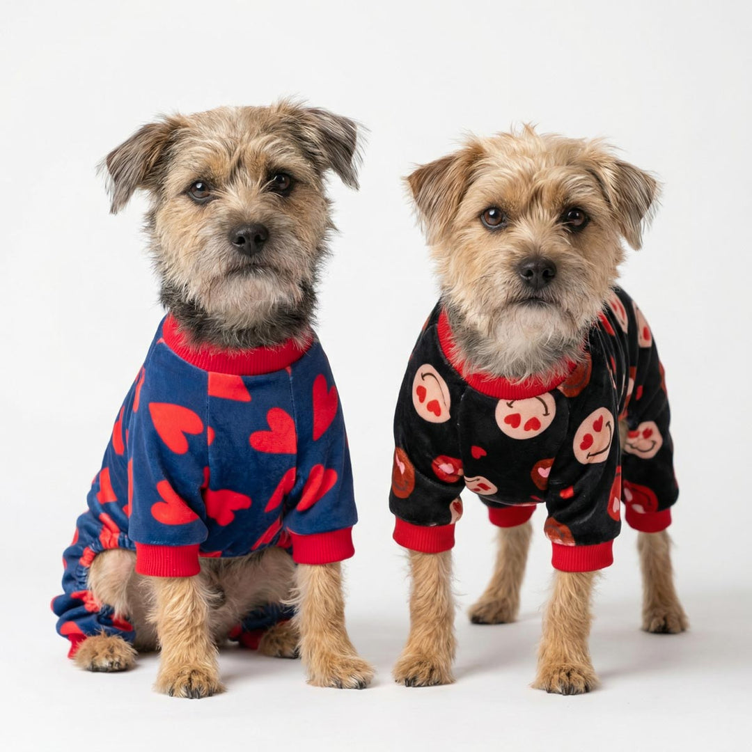 Pair of dogs modeling valentine themed dog pajamas in studio photo