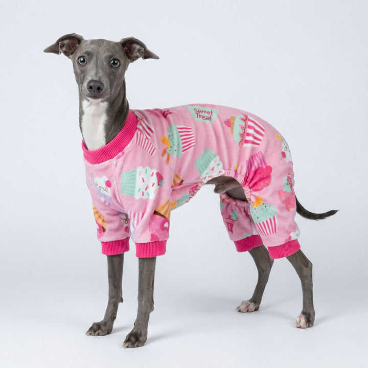 Italian Greyhound in sweet cupcake dog onesie with soft pink base