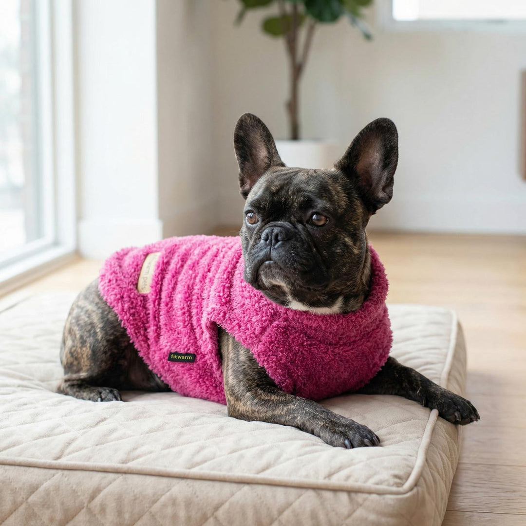 French Bulldog lying on a pad with winter fleece sweater for dogs
