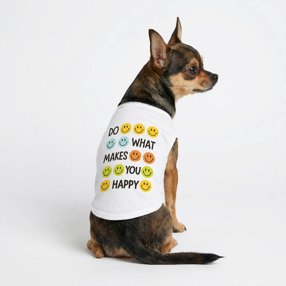Chihuahua wearing a white dog tank top with emoji print and 'Do what makes you happy' lettering