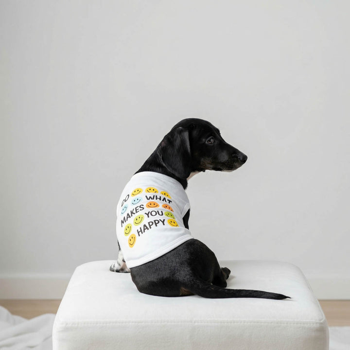 Black Dachshund lying on a pad with a white shirt for dogs with smiley face print and lettering
