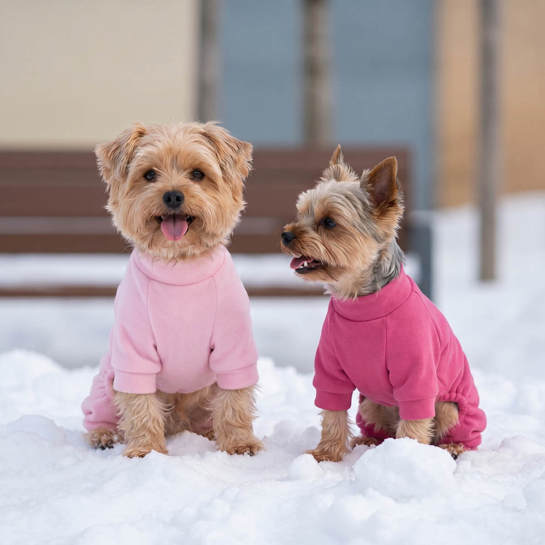 Two small dogs sitting in the snow wearing 2 pack pink dog pjs