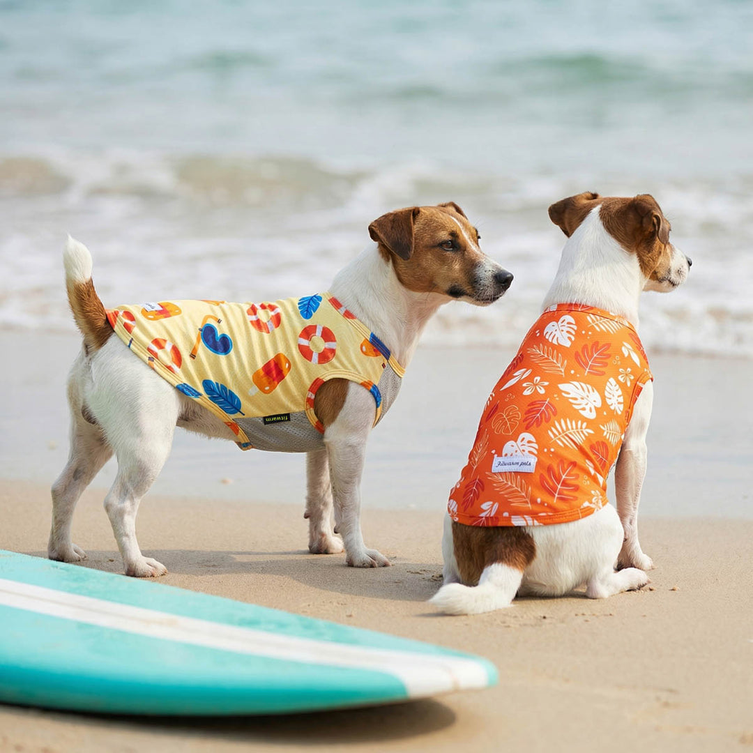 Two dogs on a beach wearing colorful summer shirts for dogs with a surfboard in the foreground
