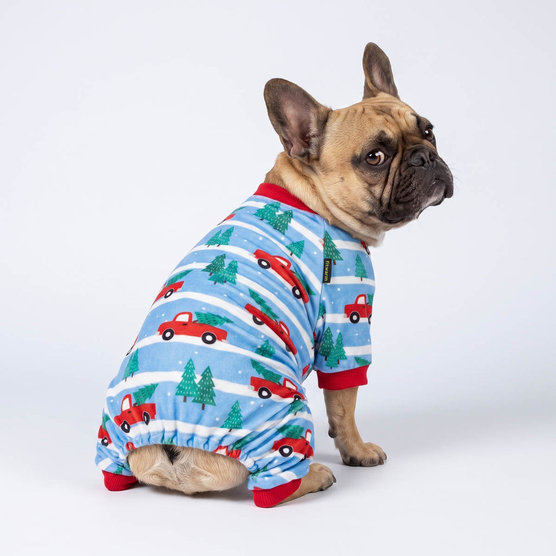 Back view of French bulldog wearing a light blue Christmas dog onesie with red truck and green tree patterns