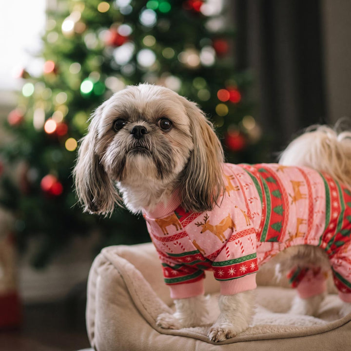 Small Shih Tzu dog wearing a pink Christmas dog onesie with reindeer and snowflake patterns, standing on a beige pet bed in front of a blurred decorated Christmas tree