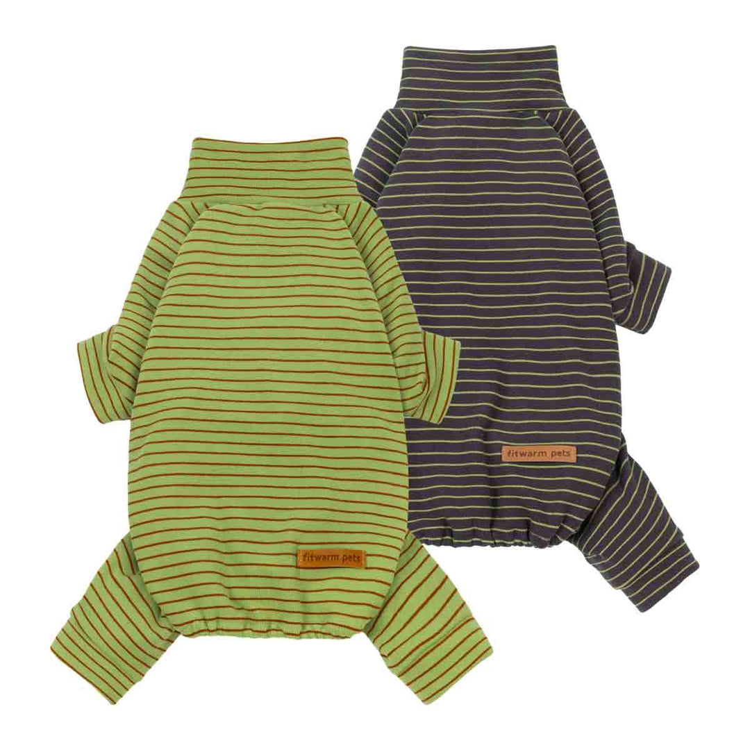 Two pack striped dog pjs shown on a plain white background, one in light olive green with thin dark stripes and one in dark gray with thin light stripes