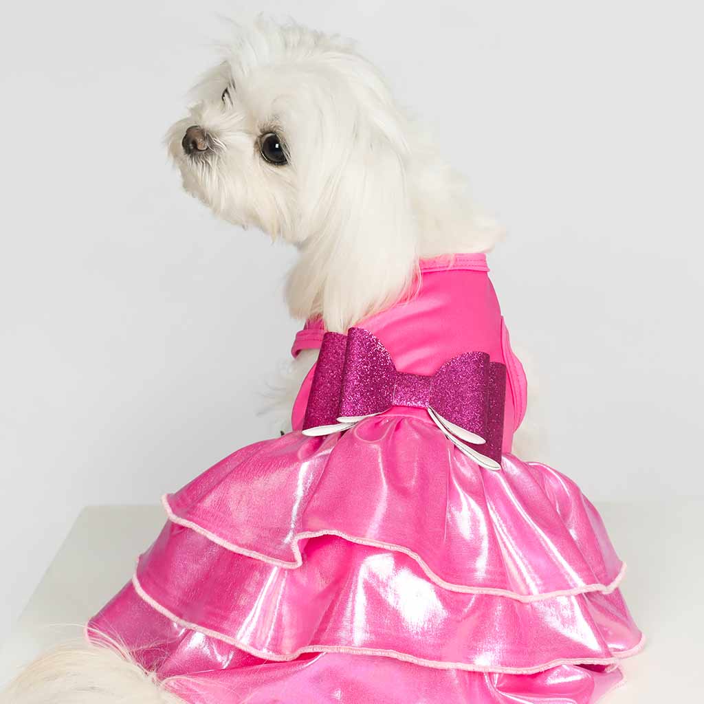 Pink Dog Dress with Tiered Ruffles and Bow - Fitwarm Dog Clothes