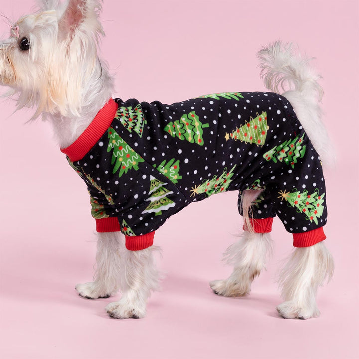 Small dog wearing black Christmas dog pajamas with green Christmas tree patterns and red cuffs