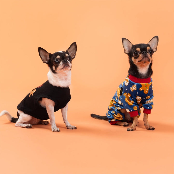 Two small dogs wearing Christmas outfits, one in festive dog pajamas and the other in a gingerbread dog shirt
