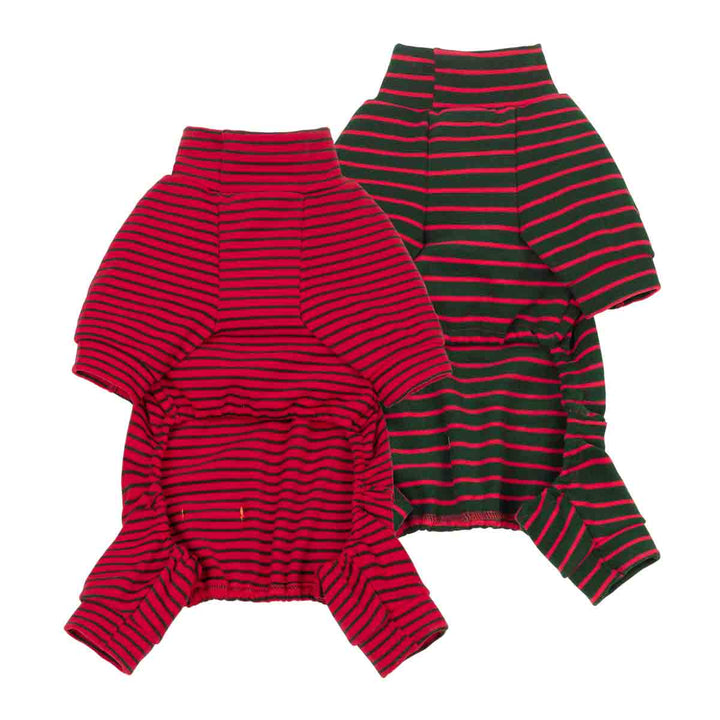 Two striped dog onesie flat on a white background. The front jumpsuit is red with thin black horizontal stripes, and the jumpsuit behind it is dark green with thin red horizontal stripes