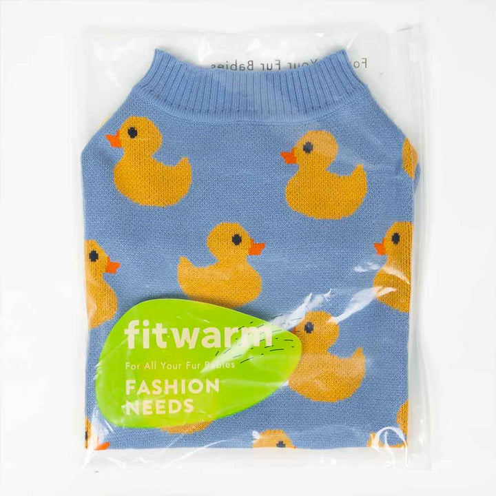 Light blue knit dog sweater with vivid yellow duck patterns and ribbed neck, packaged for small dogs.