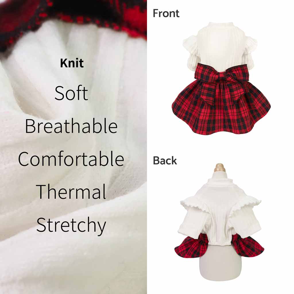 White Dog Dress with Red Plaid Skirt - Fitwarm Dog Clothes