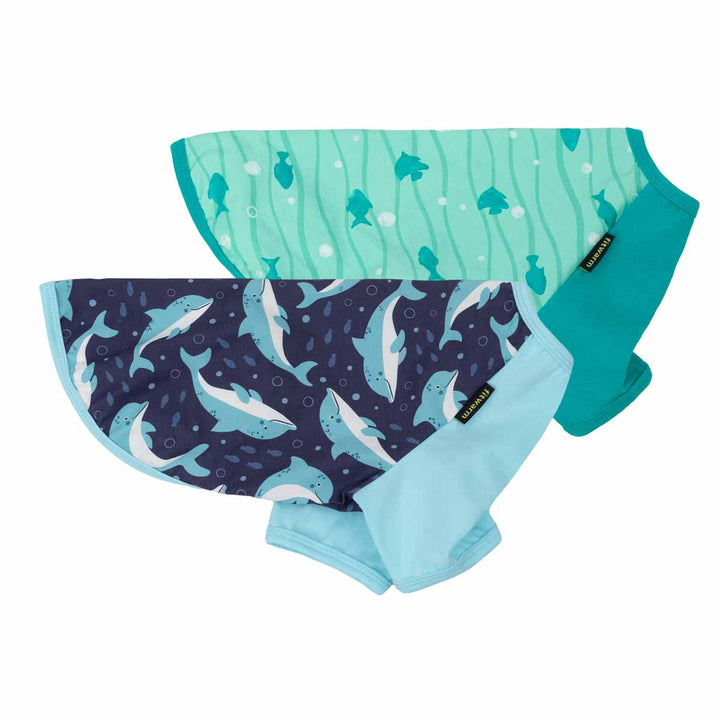 Side view of dog tshirts pack with dolphin patterns on a white background