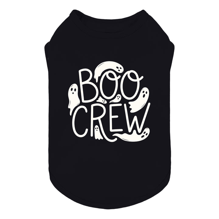 Black dog shirt with 'BOO CREW' lettering and spooky ghost prints on a white background
