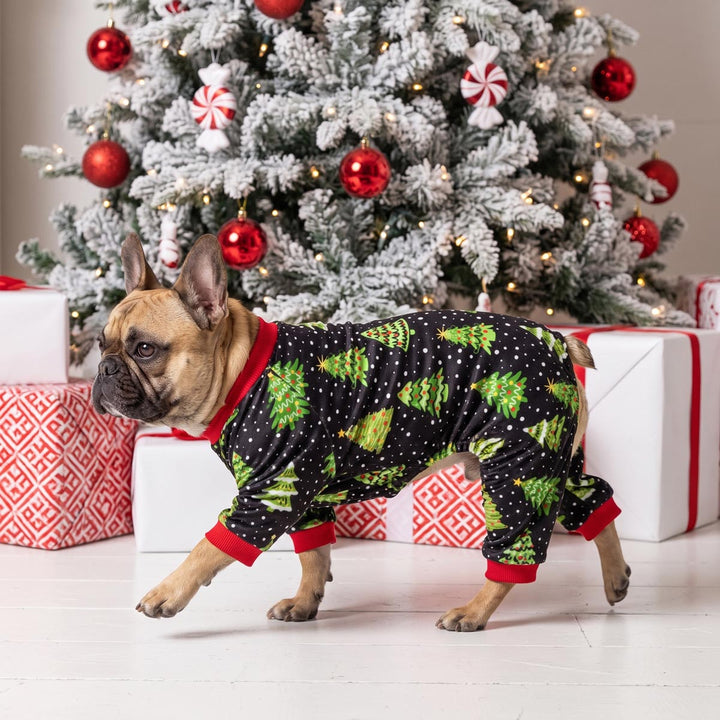 French Bulldog walking in front of the Christmas tree and gift boxes with a festive dog onesie