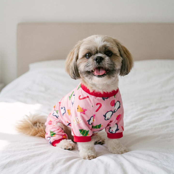 Small dog sitting on the bed and wearing a pink dog Christmas onesie 