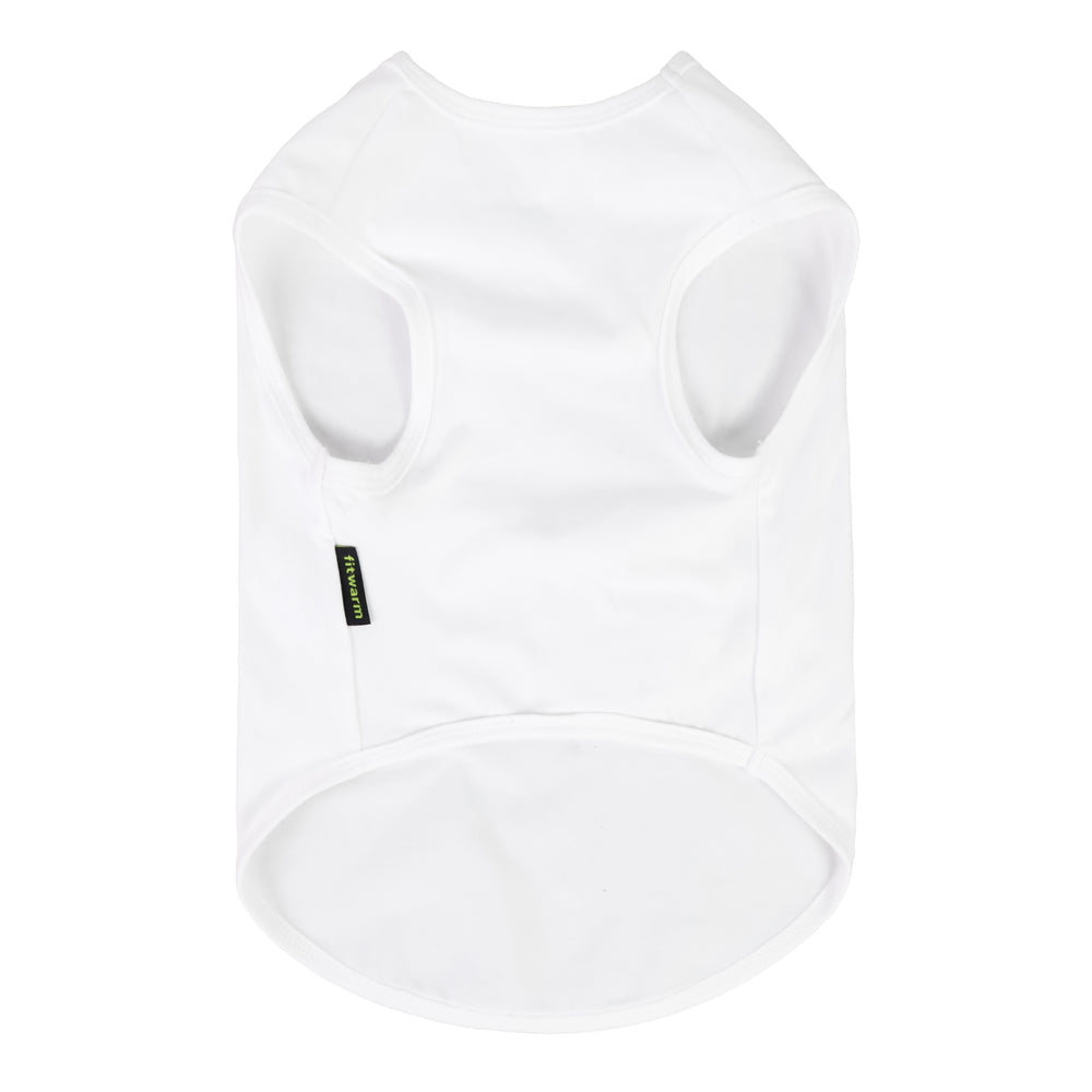 Dog shirt in a clean white tank style shown from the back with simple armholes and curved hem.
