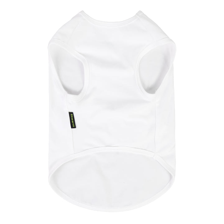 Dog shirt in a clean white tank style shown from the back with simple armholes and curved hem.