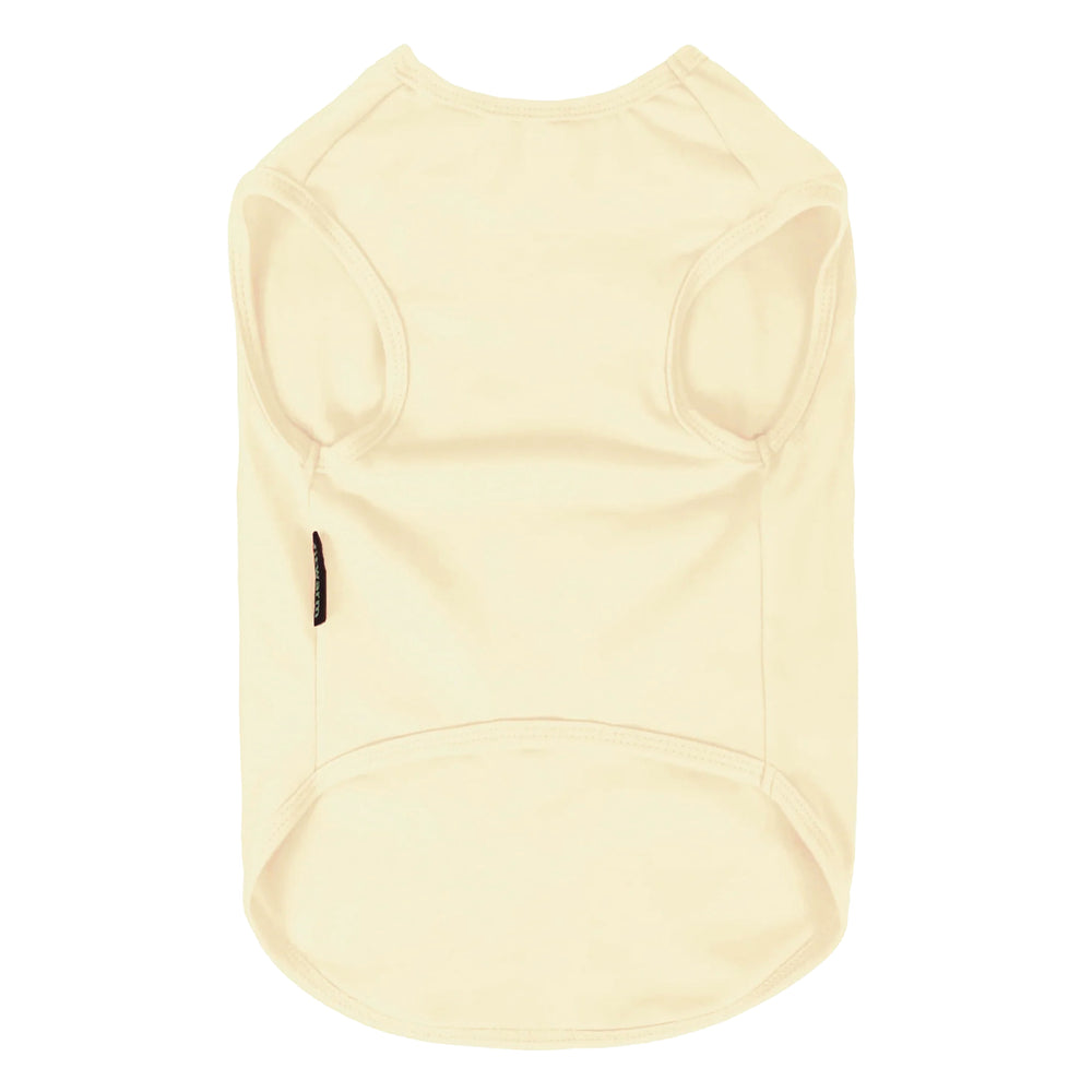 Cream dog shirt displayed from the back with soft fabric and sleeveless openings.